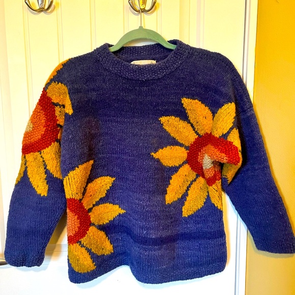 Vintage Amano Purple Sunflower Wool Sweater - Picture 1 of 3